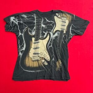 VINTAGE Y2K Black Faded Guitar lightning graphic tee black and white SIZE L